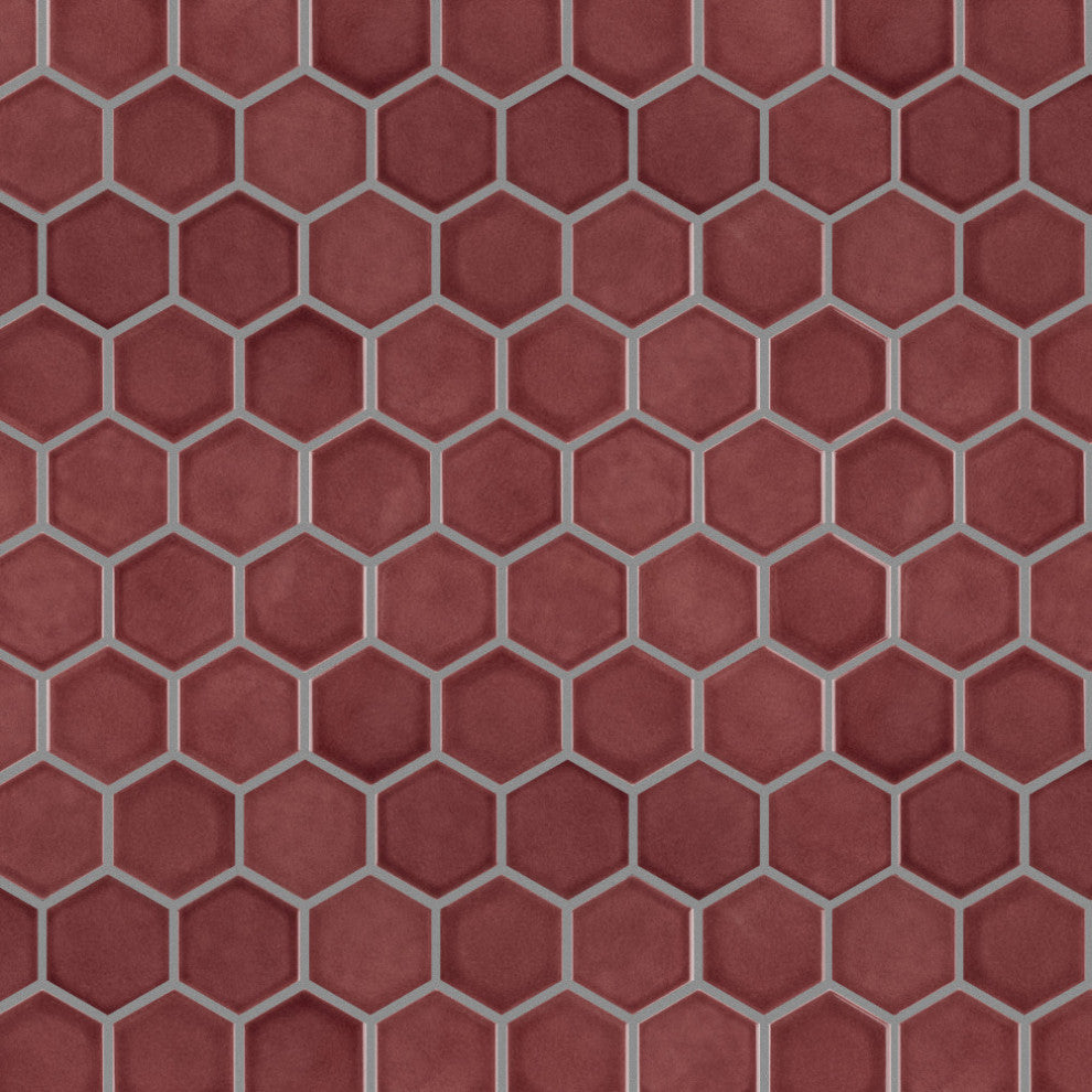 Tribeca 2" Hex Porcelain Mosaic Floor and Wall Tile, Glossy Rusty Red