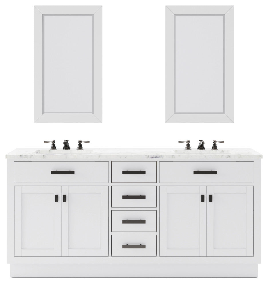 Hartford 72" Double Sink Marble Countertop Bath Vanity, White, Vanity With Small