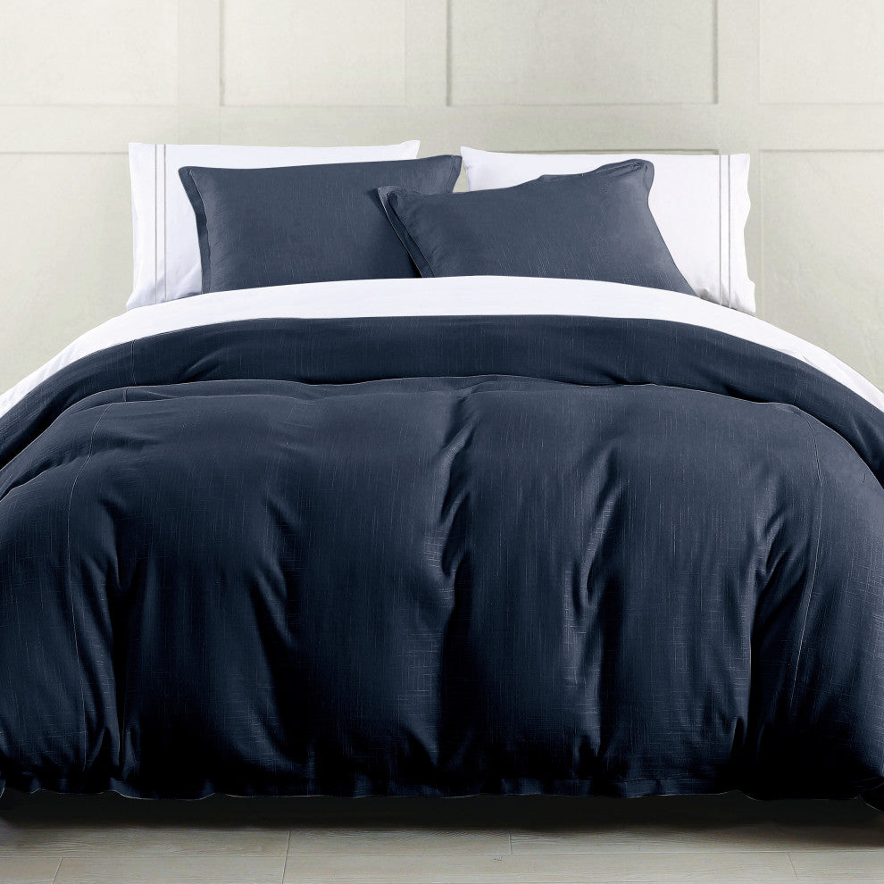 Hera Washed Linen Flange Comforter Set, 3PC, Navy, King