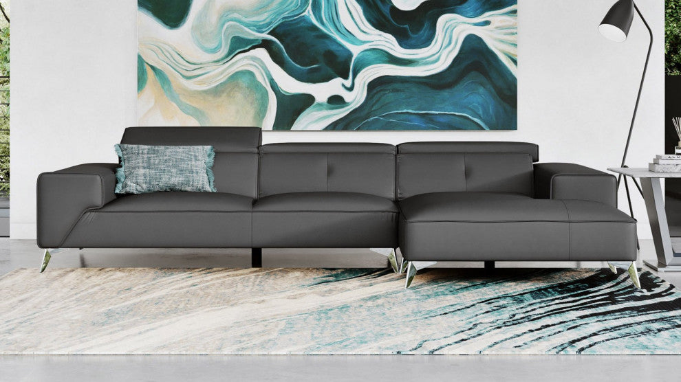 Raj Grey Reclining Leather Sectional, Right Chaise
