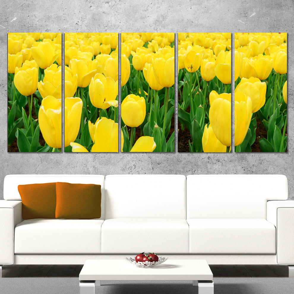 Bright Tulip Flowers in Garden, Floral Canvas Art Print, 60"x28", 5 Panels