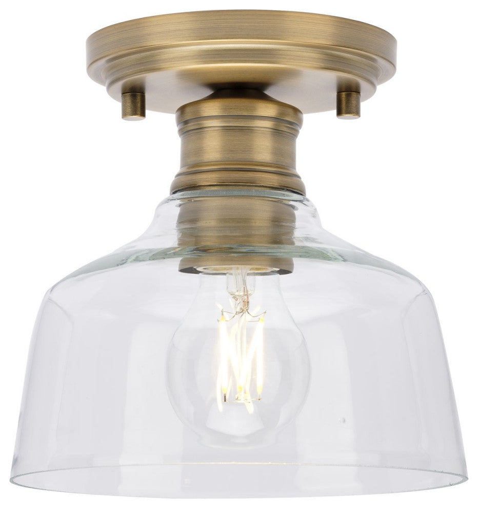 Singleton 1-Light 7.62" Vintage Brass Semi-Flush Mount Light, Clear Glass Shade