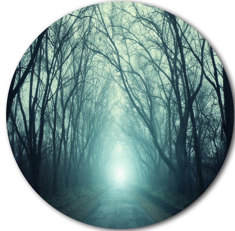 Fall Forest Path With Green Light, Landscape Disc Metal Wall Art, 23"