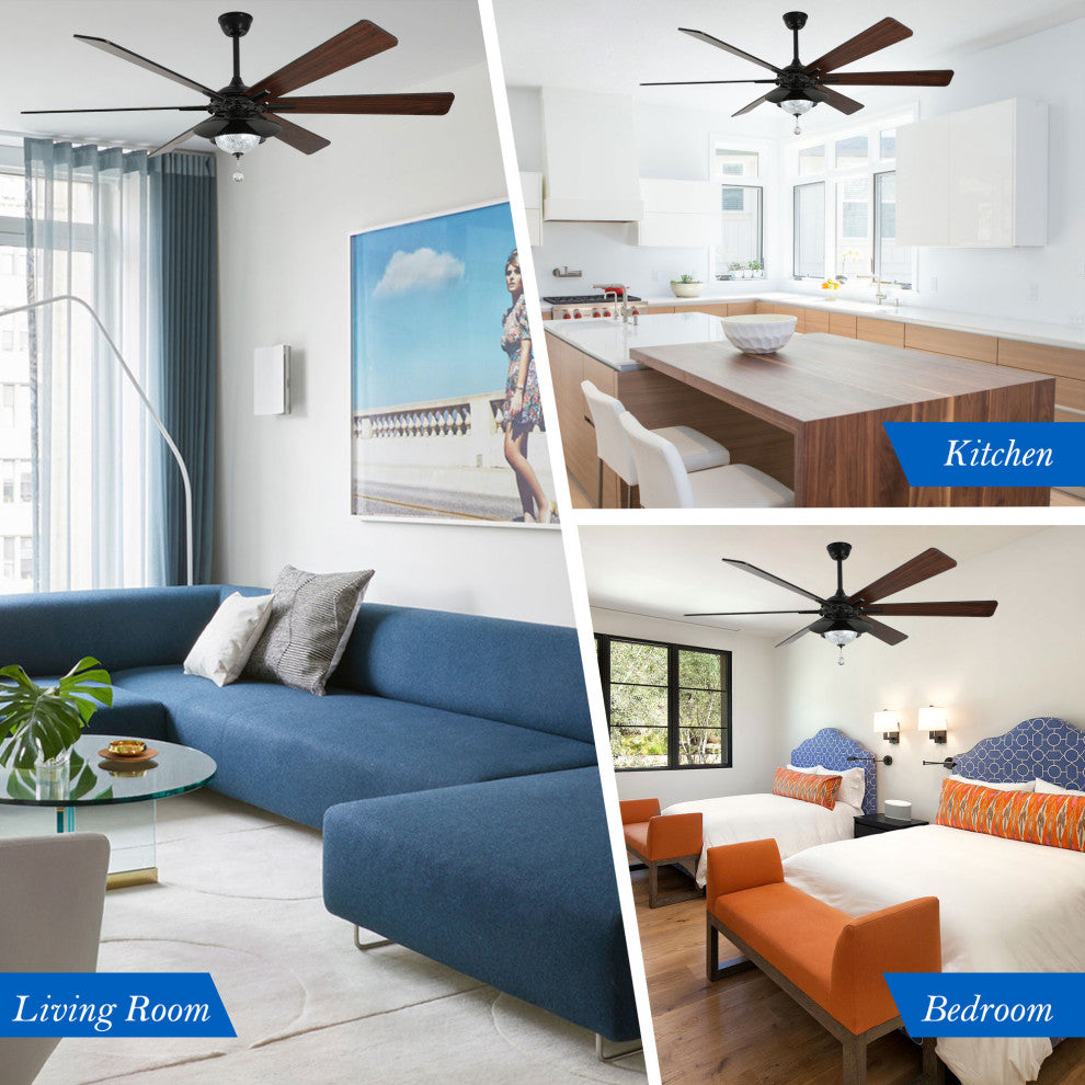 72" Antique Lagre Ceiling Fan, Wood Blades and LED Lights Kit w Crystal Shade, Gold