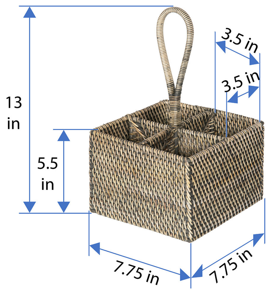 Loma Rattan Bottle and Silverware Caddy, Black-Wash