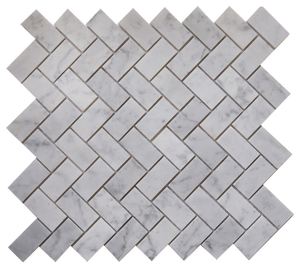12"x11"Carrara White Marble Mosaic Tile, Herringbone, Polished