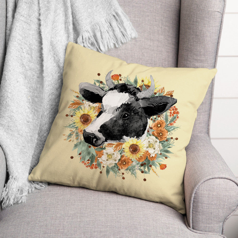Autumn Wreath Cow 18x18 Spun Poly Pillow