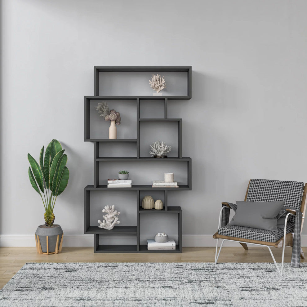 Modern Bookcase, Geometric Design With 10 Asymmetrical Open Shelves, Anthracite