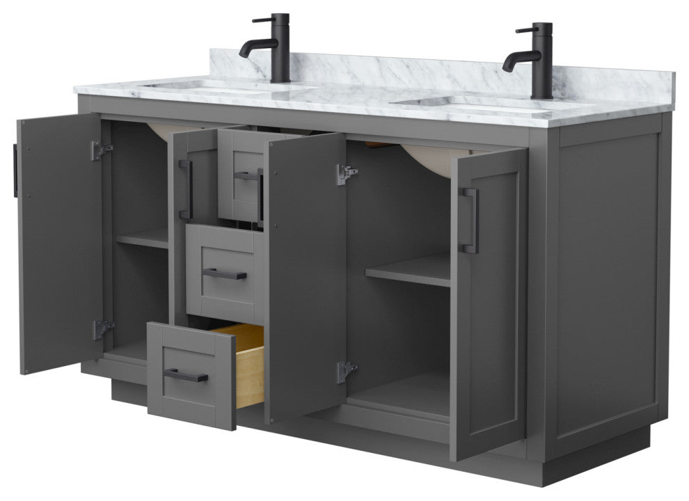 60" Double Bathroom Vanity, Dark Gray, Carrara Countertop, Sinks, Black Trim