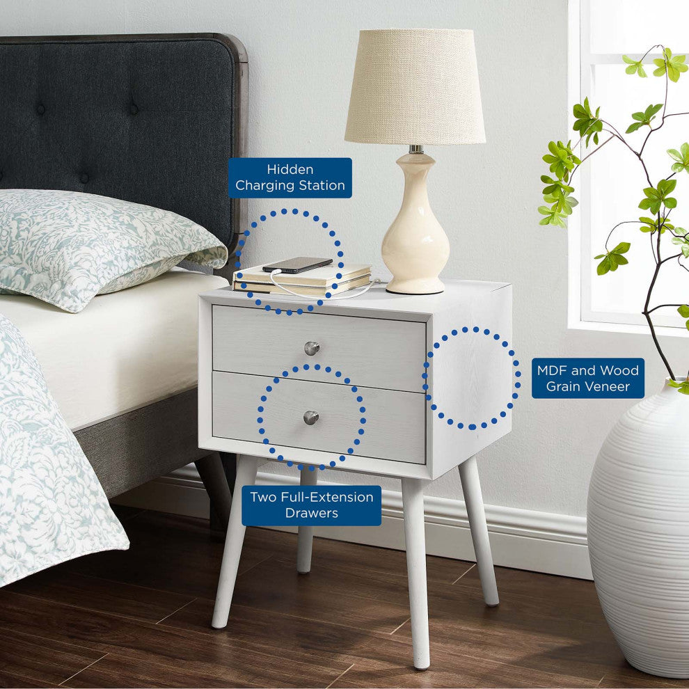 Nightstand Side End Table, Wood, White, Modern Mid-Century, Bedroom Living Room