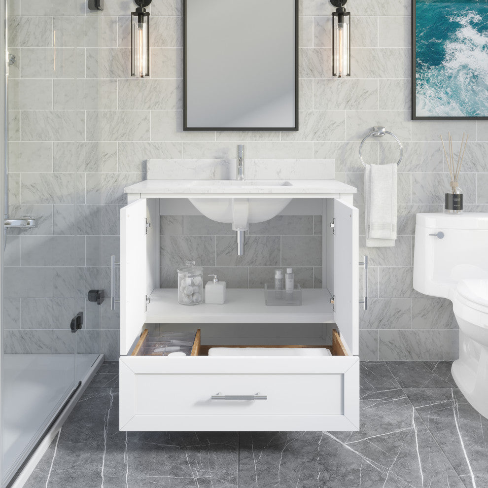 Boulder 36" Single Bathroom Vanity, White With Engineered Stone Top