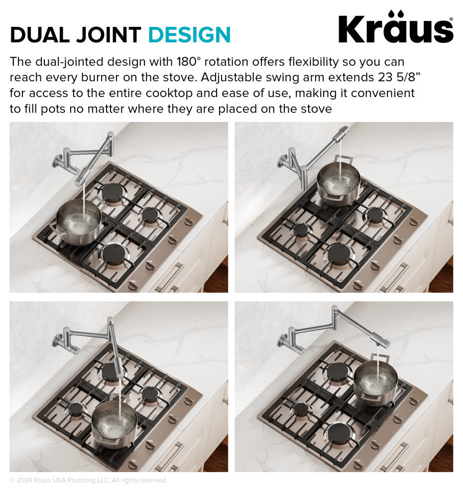 KRAUS Bolden 2 Handle Wall Mount Pot Filler Faucet, Retractable Arm, SFS