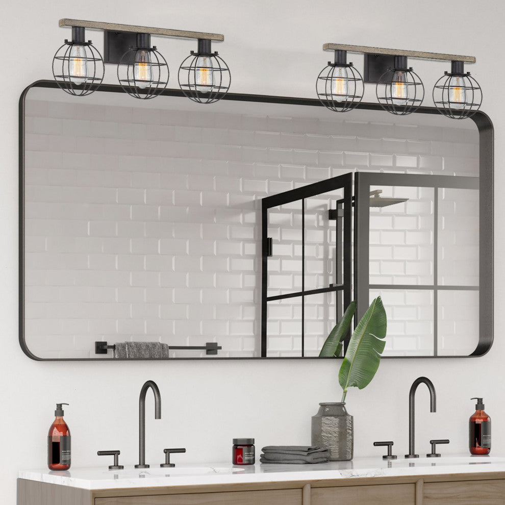 Kira Home Nash 24" Farmhouse / Bathroom Light, Orb Cage Shades, Reclaimed Oak