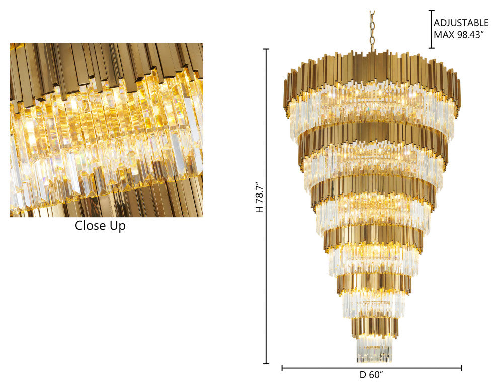 D60" 6-Tier Shiny Gold Frame Chandelier With Clear Hanging Crystals