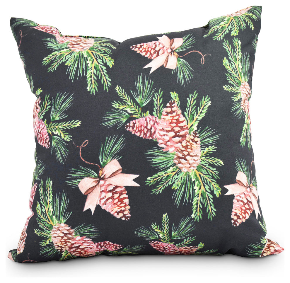 Greenery Black Holiday Print Decorative Outdoor Throw Pillow, 20"