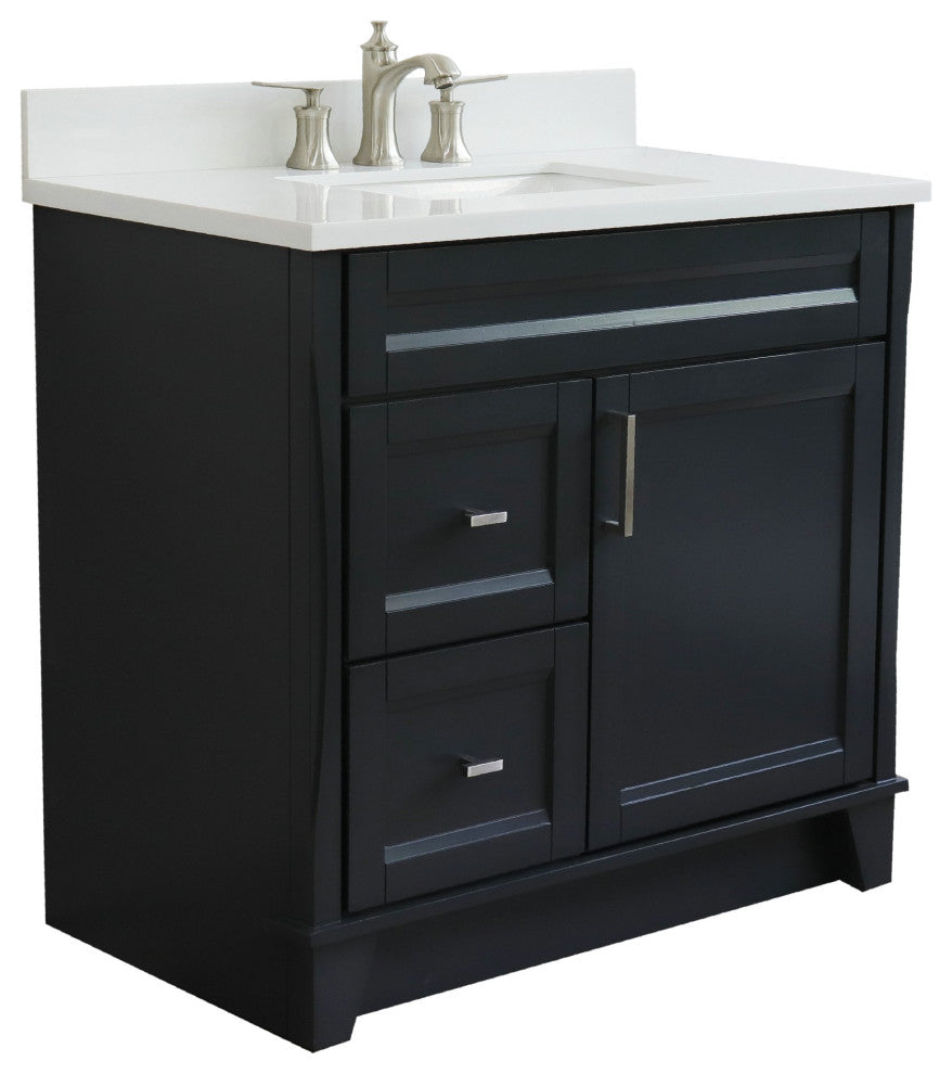 37" Single Sink Vanity, Dark Gray Finish With White Engineered Stone Top