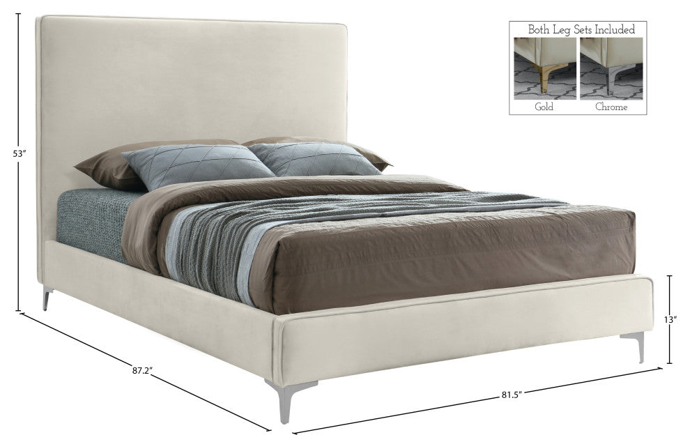 Geri Velvet Upholstered Bed, Cream, King