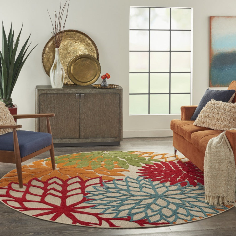 8' Round Green And Ivory Round Floral Indoor Outdoor Area Rug