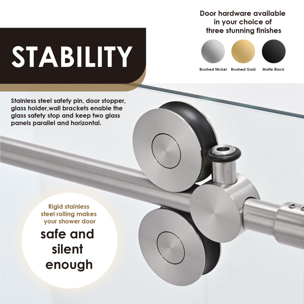 Lazaro Single Sliding Frameless Shower Door, Clear, Brushed Nickel, 56"wx78"h