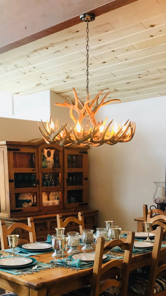 Whitetail Deer Oblong Antler Chandelier Light, Large, Parchment Shades