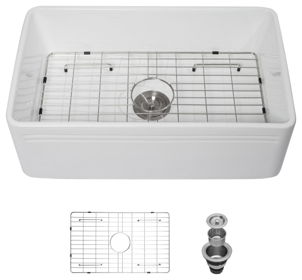 White Ceramic 30 in. Single Bowl Farmhouse Apron Kitchen Sink with Bottom Grid