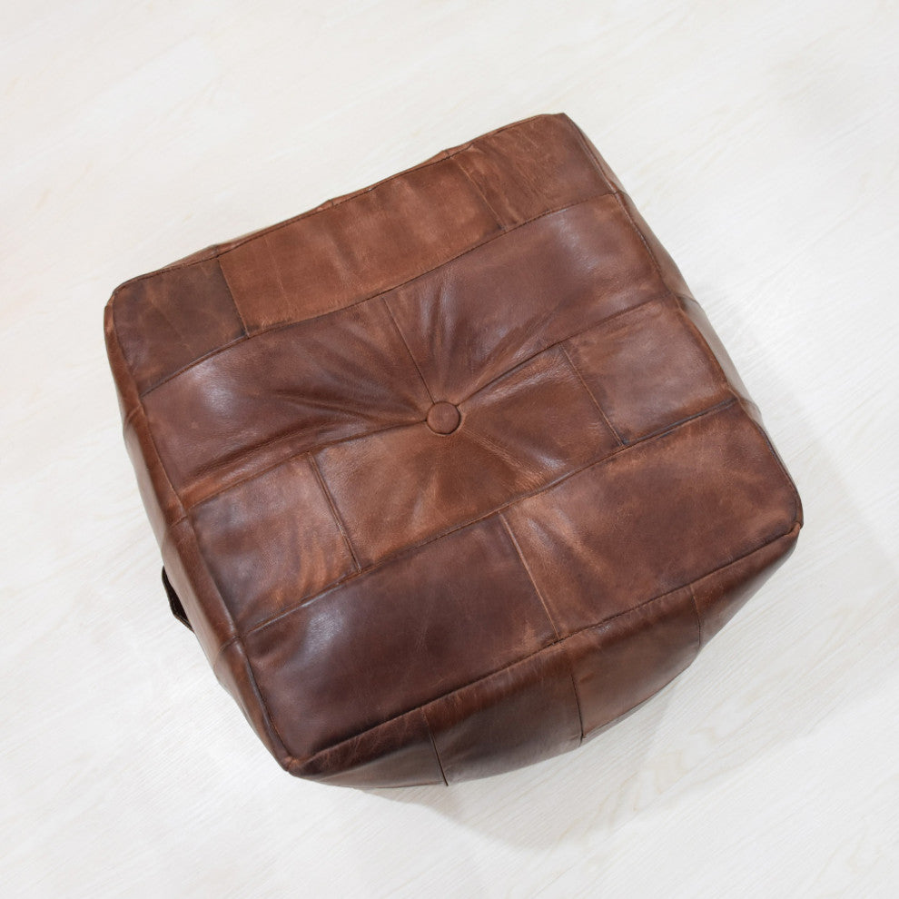 Geometric Handmade Leather Pouf (Recycled Foam with Fibre Fill) Black, [Square] 18x18x18