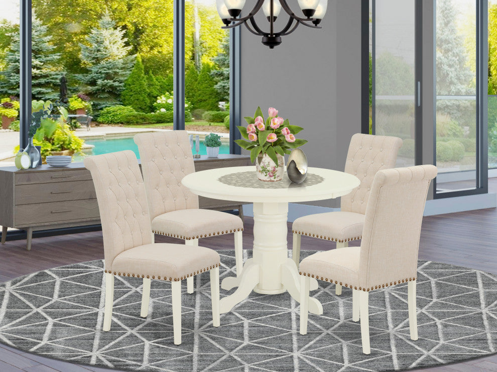 5Pc Dining Set, Round Table, Four Parson Chairs, Light Beige Fabric, White