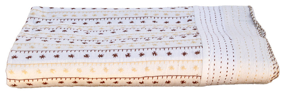 Summer White Quilted Cotton Kantha Bedcover
