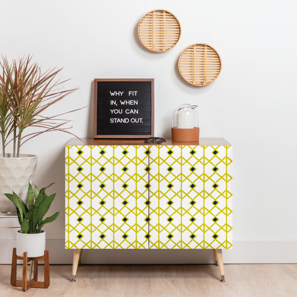 Deny Designs Heather Dutton Annika Diamond Citron Credenza, Wood Legs