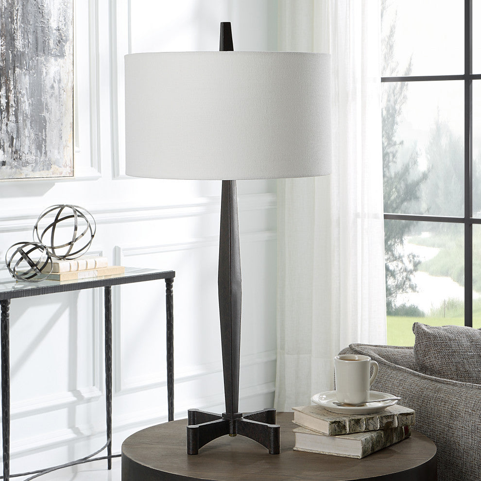 Rustic Minimalist Aged Black Iron Pole Table Lamp 35 in Industrial Loft Classic