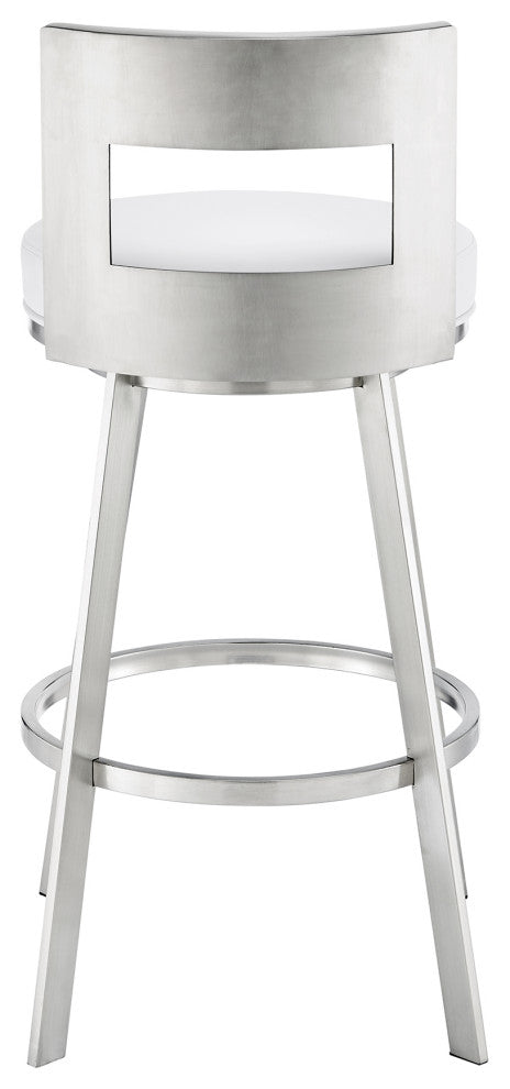 Lynof Swivel Bar Stool With Faux Leather, White, Brushed Stainless Steel