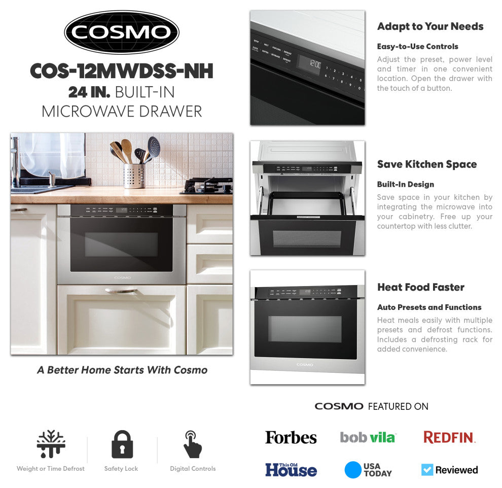 Cosmo 24" 1.2 Cubic Ft Built-in Microwave Drawer, Stainless Steel