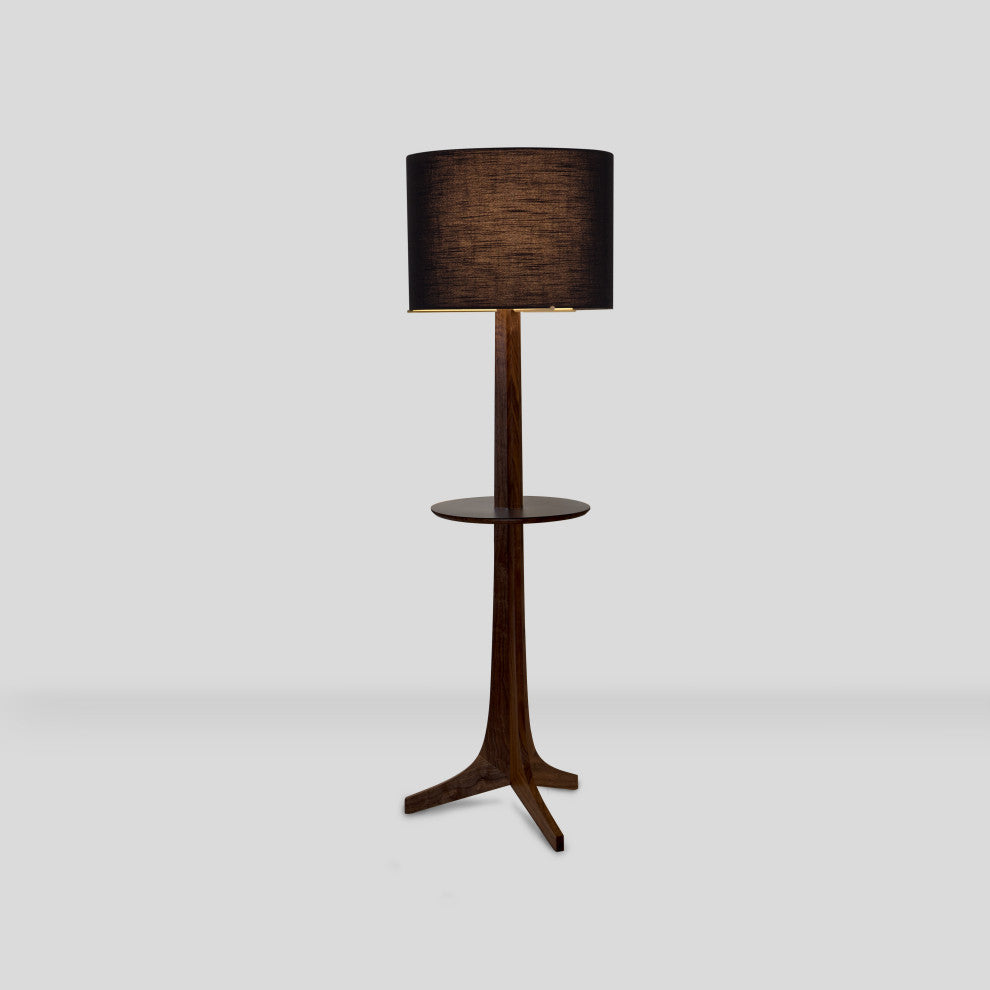 Nauta Floor Lamp, Brushed Brass, Walnut, Black Amaretto, Matching Wood Shelf With Exposed Top Surface