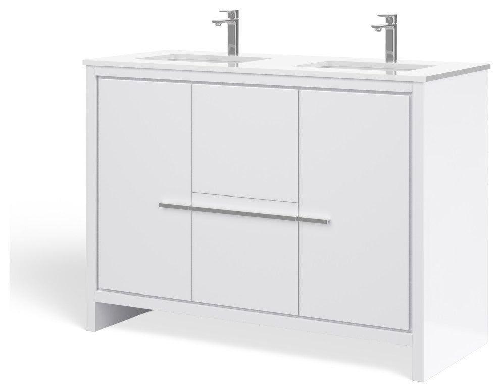 Esconde Bath Vanity, High Gloss White, 48", Double Sink, Freestanding