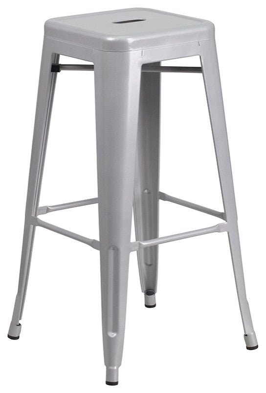 30" Round Silver Metal Bar 5-Piece Table Set With 4 Square Seat Backless Stools