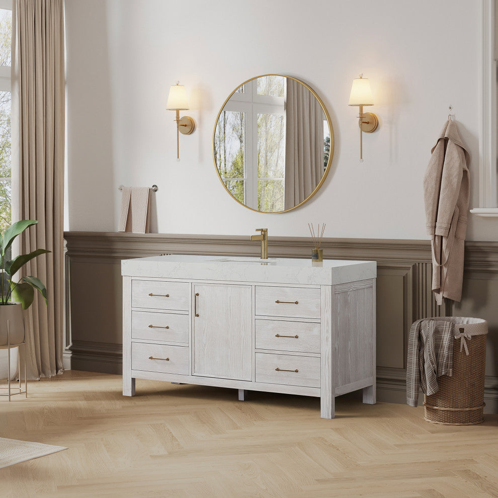 Leon Bath Vanity With Composite Stone Top, Washed White, 60"single Sink, No Mirror