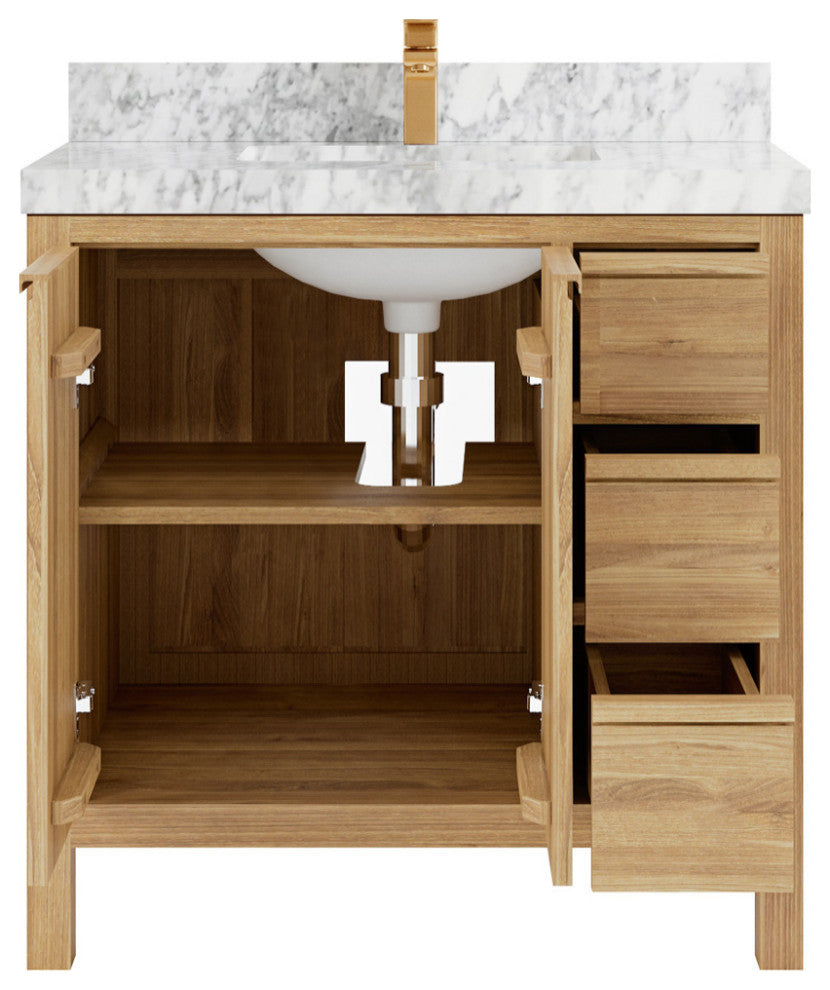 Elizabeth 36 Center Sink Bath Vanity in Light Natural Teak 2" Carrara Marble