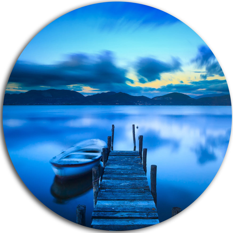 Cloudy Blue Sky With Pier, Seascape Photo Disc Metal Wall Art, 23"