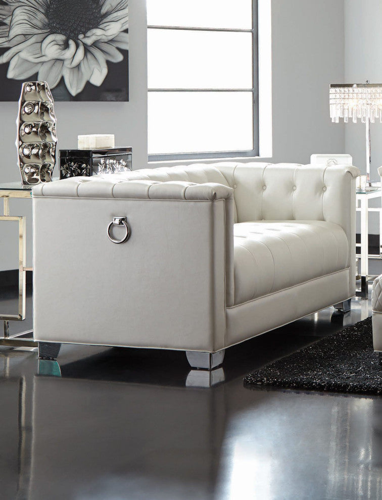 Leatherette Upholstered Loveseat with Button Tufting, Pearl White