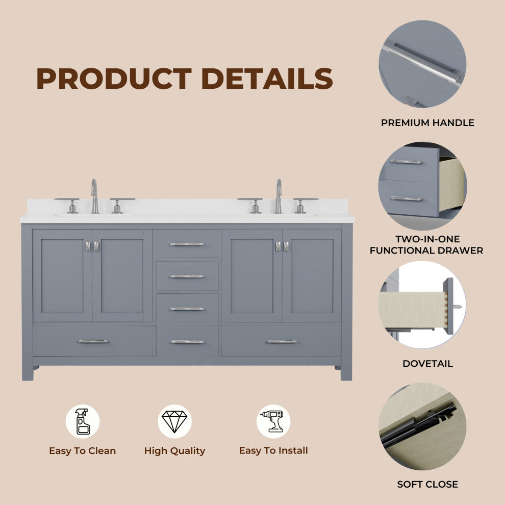Caroline Avenue 72" Double Bathroom Vanity Set, Gray