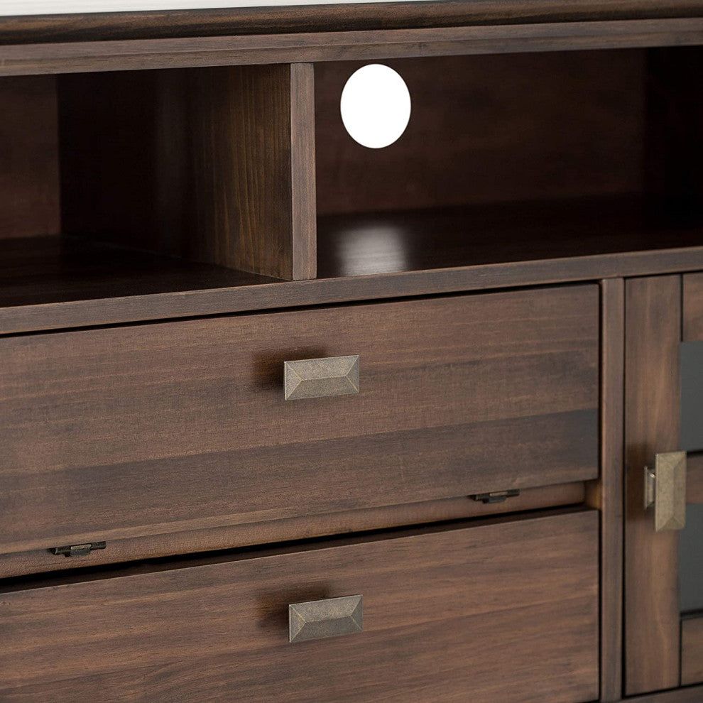 Contemporary TV Stand, Elegant Window Style Cabinet Doors, Natural Aged Brown