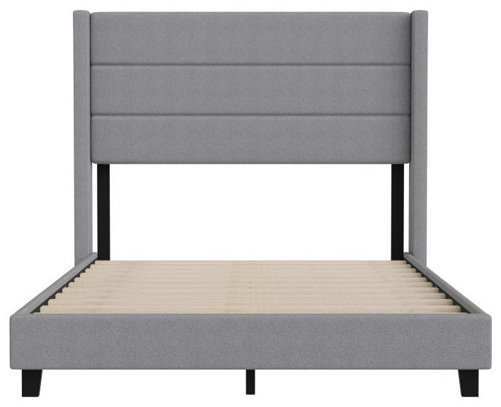Hollis Upholstered Platform Bed with Wingback Headboard w/Mattress Foundation, Gray, Full