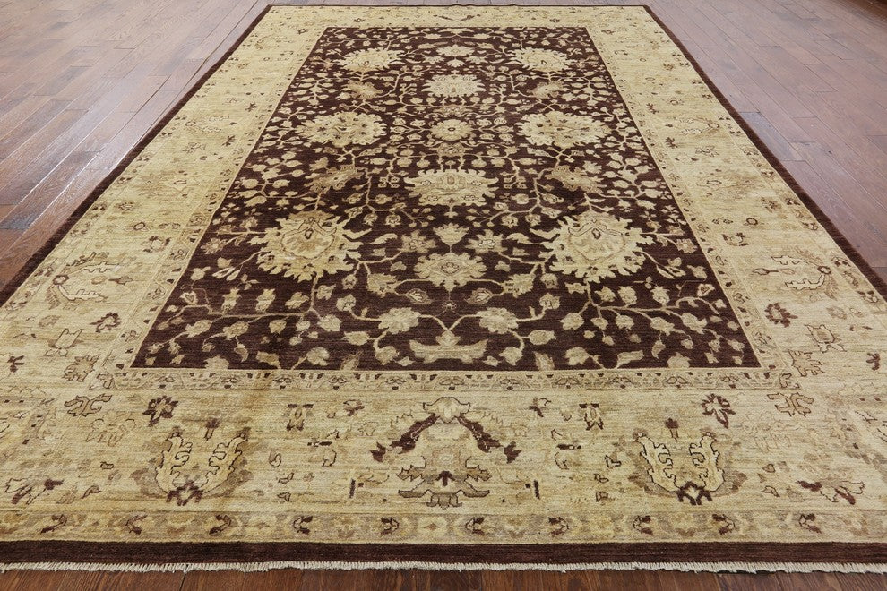 Oushak Style Hand-Knotted Brown Chobi Peshawar Oriental Wool Rug, 10'x14'