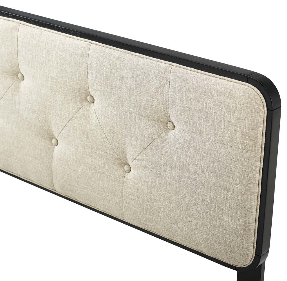 Tufted Headboard, Full Size, Wood, Fabric, Black Beige, Modern Mid-Century