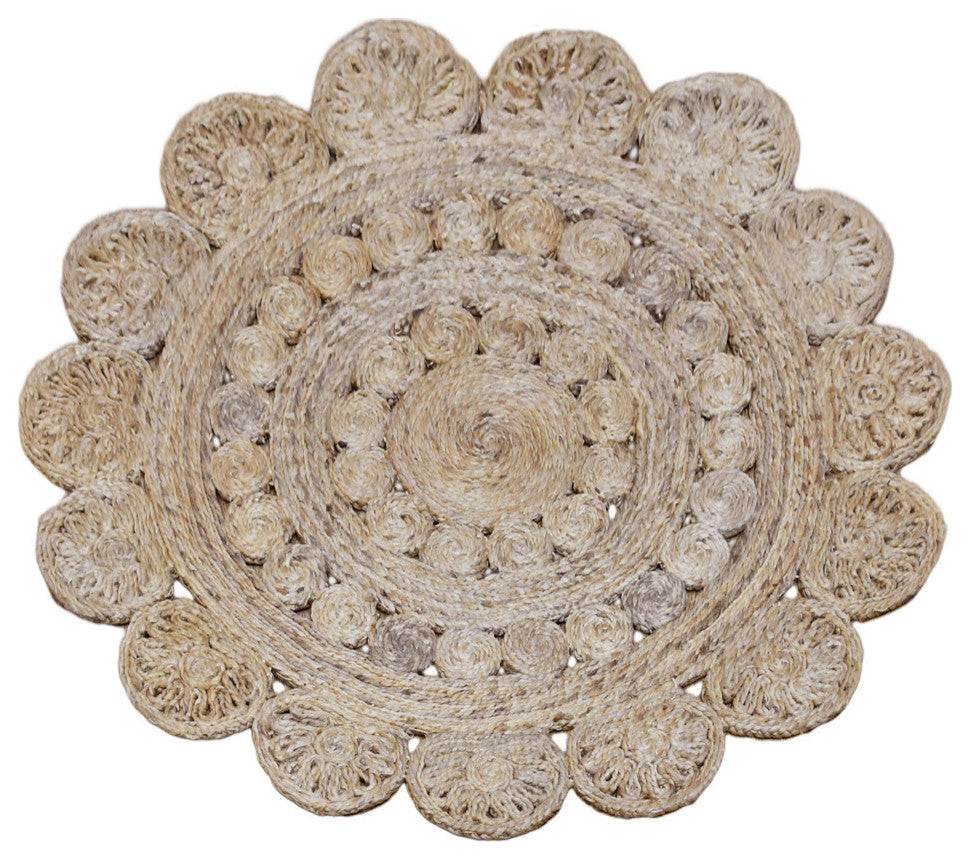 Hand Woven Jute Eco-friendly Area Rug Oriental Beige, [Round] 5'x5'