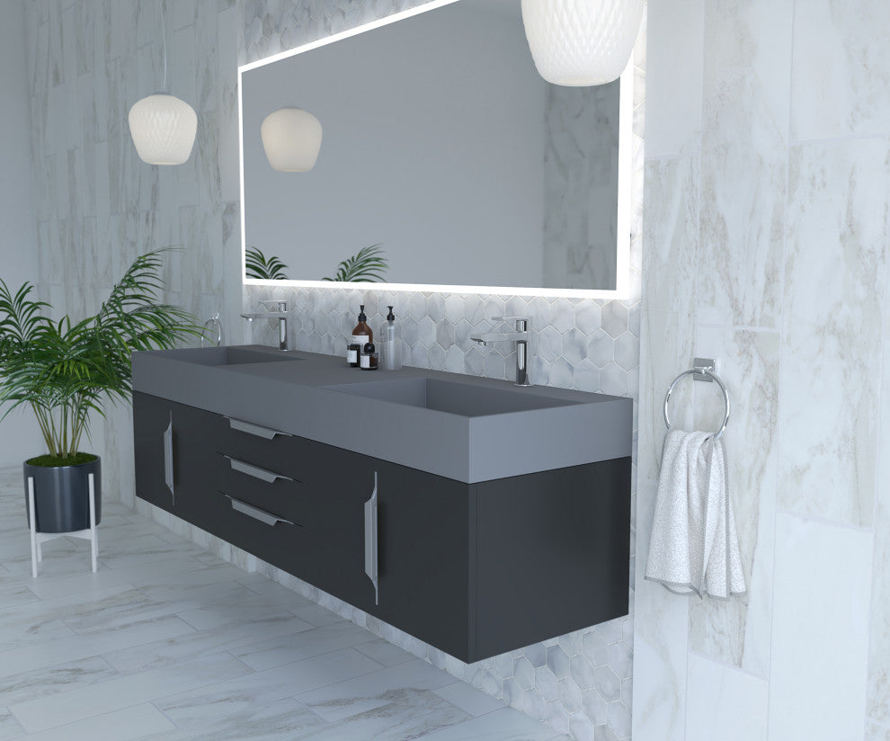 CastelloUSA Amazon 72" Wall Mounted Vanity Set, Black, Gray Top, Chrome Handles