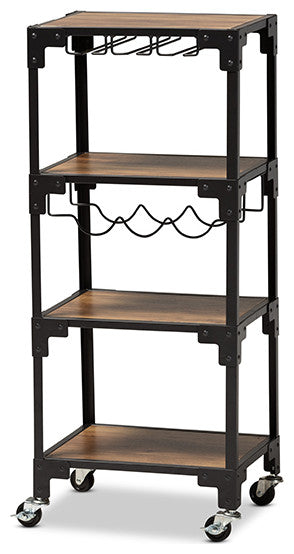 Industrial Rustic Walnut Finished Wood and Black Metal 4-Tier Mobile Wine Cart