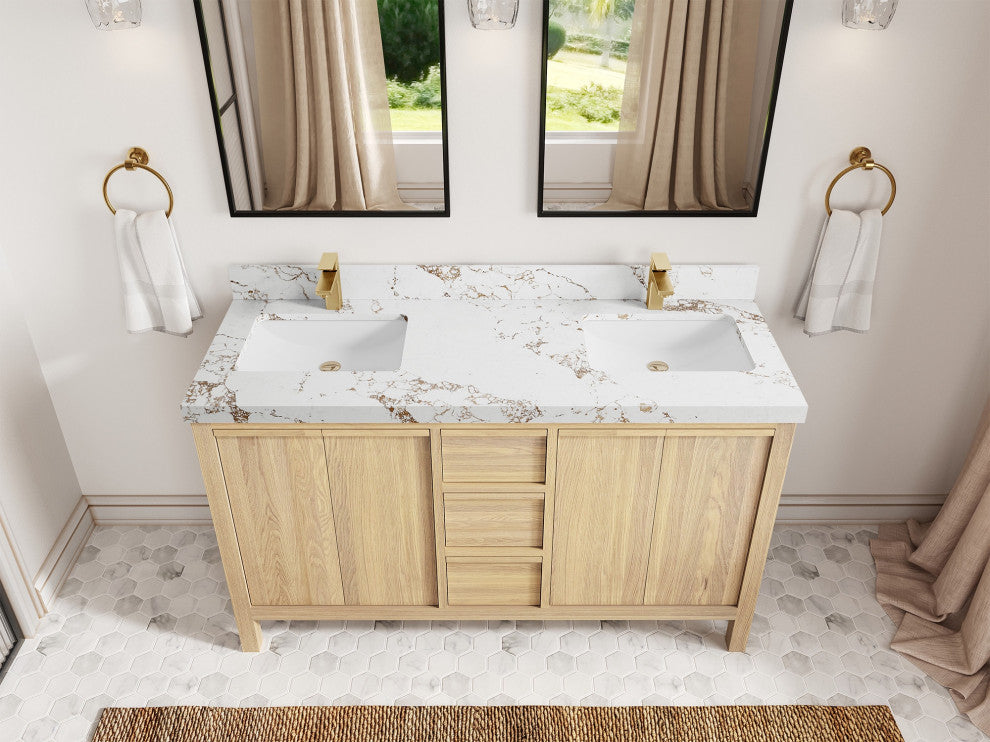 Elizabeth Oak 60" Double Sink Vanity, White 2" Viola Gold