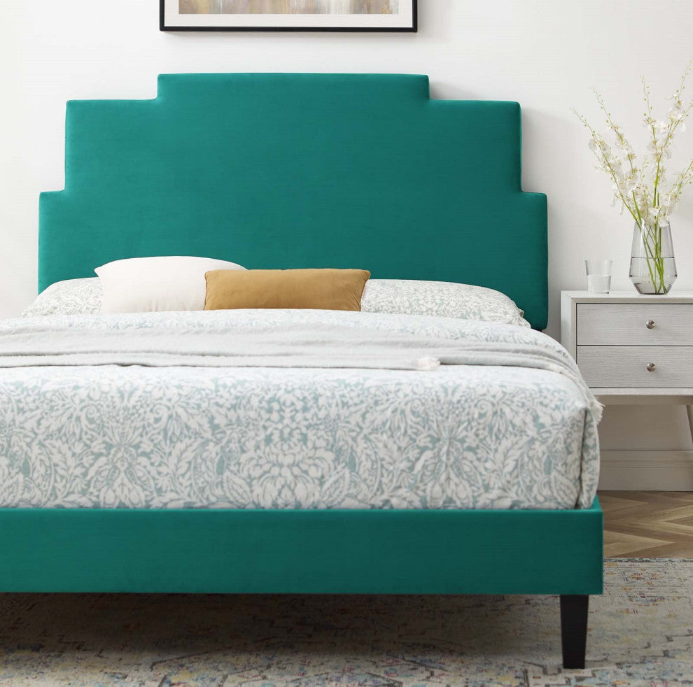 Platform Bed Frame, King Size, Velvet, Teal Blue, Modern Contemporary, Bedroom