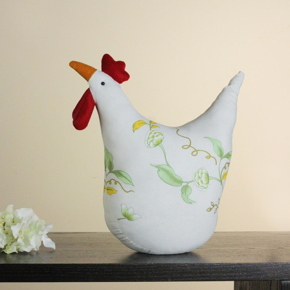 12" White Soft Green and Yellow Floral Rooster Chicken Spring Decoration